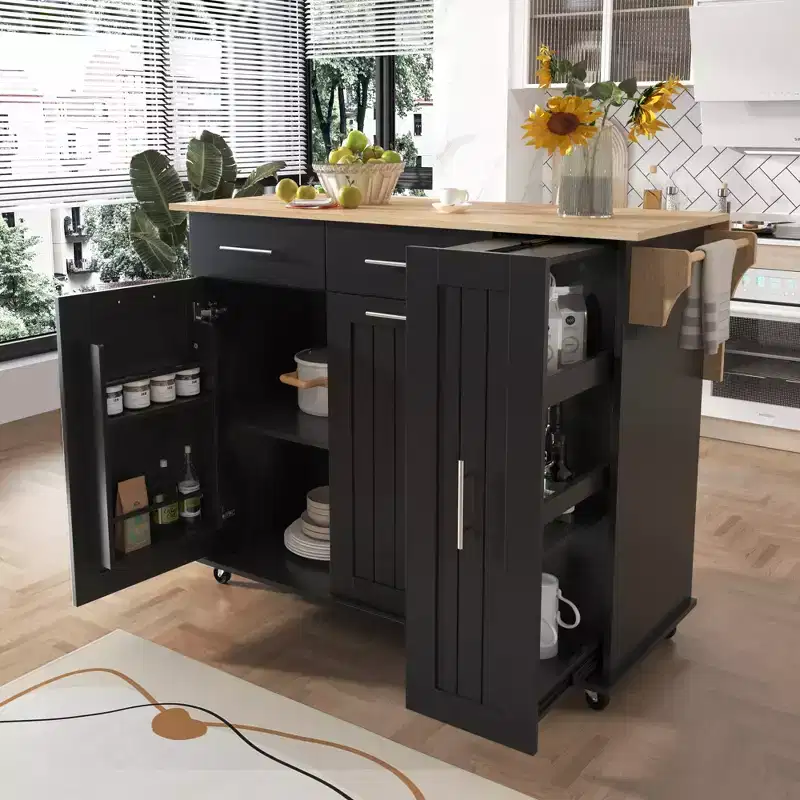 Kitchen Island with Drop Leaf, Storage Cart with 3 Tier Pull Out Cabinet Organizer, Internal Rack, Rolling Cart with Towel Rack & 2 Drawers