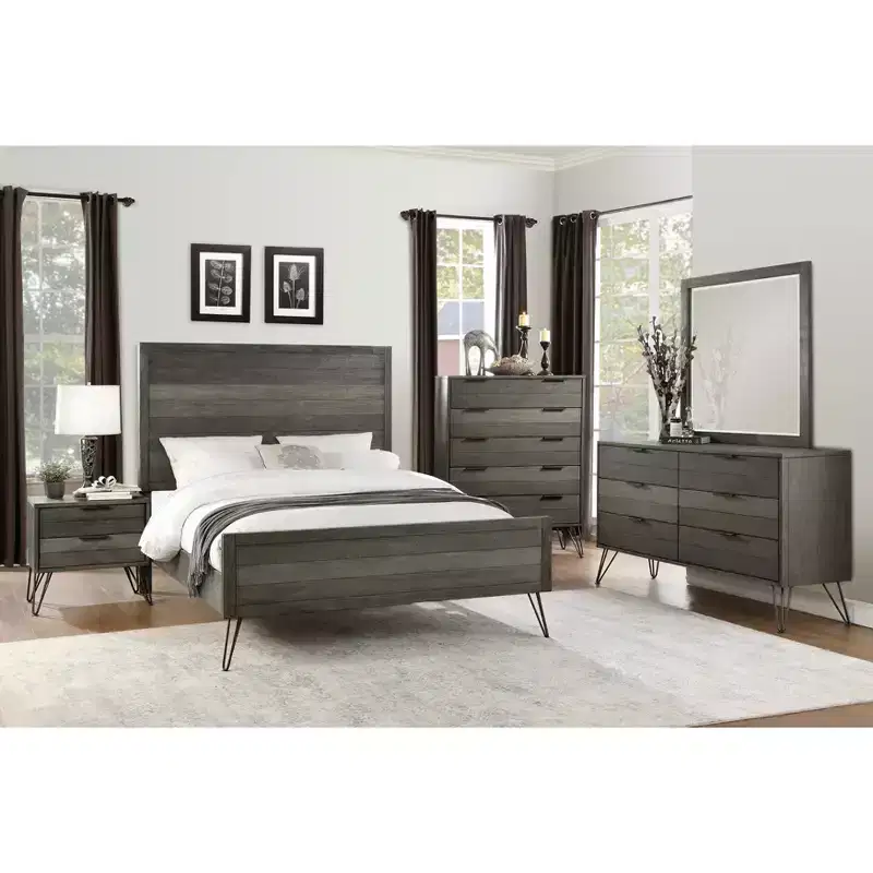 Contemporary Three-Tone Gray Finish Nightstand Perched atop Metal Legs Acacia Veneer Modern Bedroom Furniture