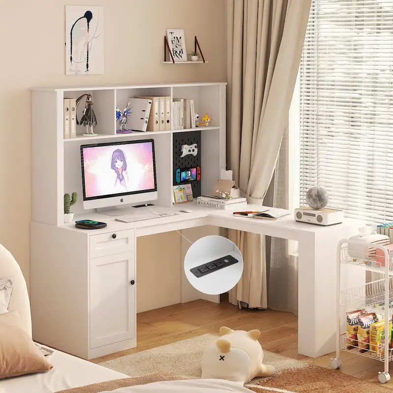 White L-Shaped Corner Desk with Outlets, Drawers & Bookshelf, 1-Person