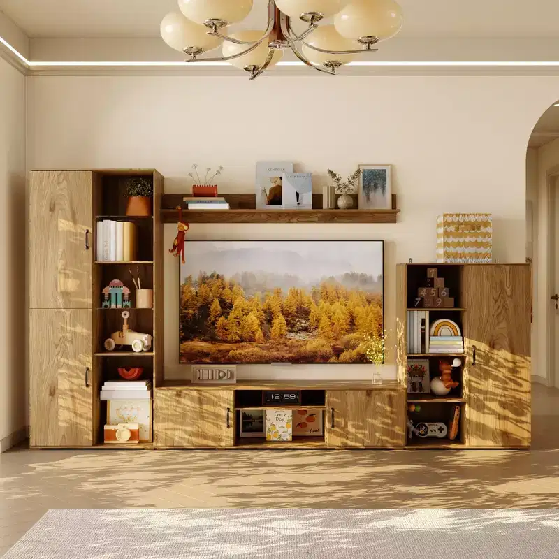 Famapy Large Oak Media TV Stand Wall Cabinet System for Living Room with Bookshelves and TV Storage Entertainment Center