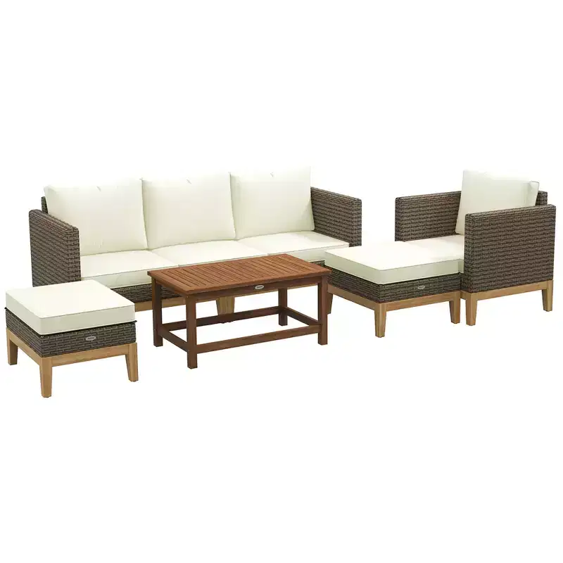 Outsunny Cushioned Patio Furniture Set, 5 PCs Wooden Frame PE Rattan Conversation Set, Cream White