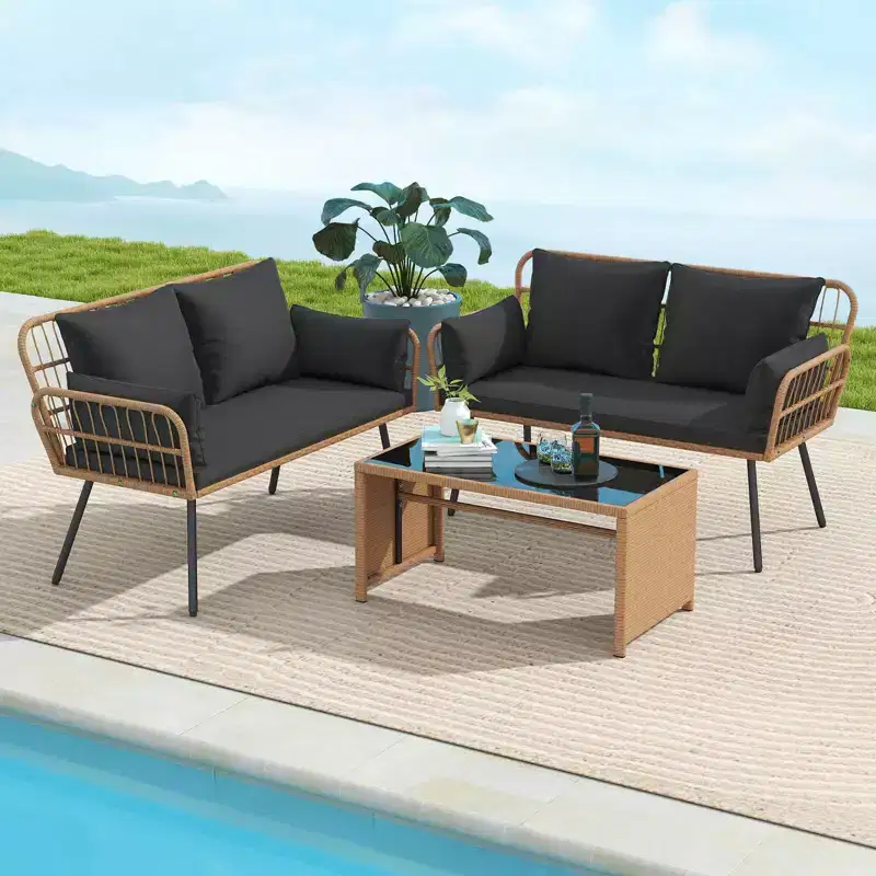Costway Patio Wicker Loveseat Furniture with Seat Back Cushions, Heavy-Duty Metal Legs Off-White/Black