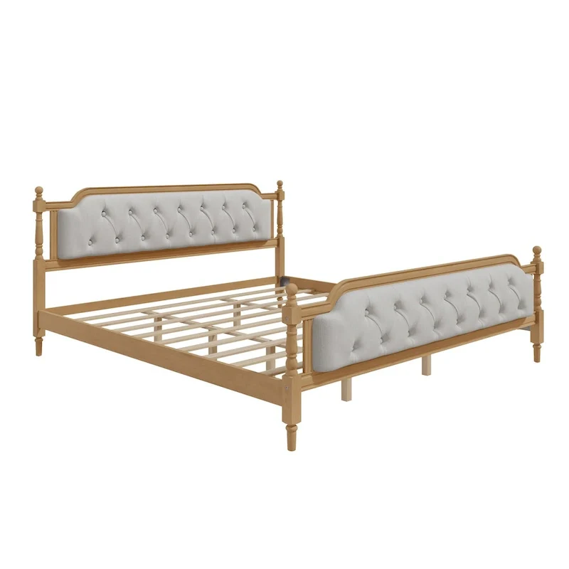 Solid Wood Bed Frame with Upholstered Tufted Headboard – No Box Spring Needed