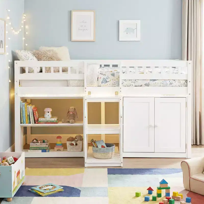 Twin Low Loft Bed with LED Light, Stairs & Guardrails, Modern Pine Wood Kids Bed, White/Mint/Gray