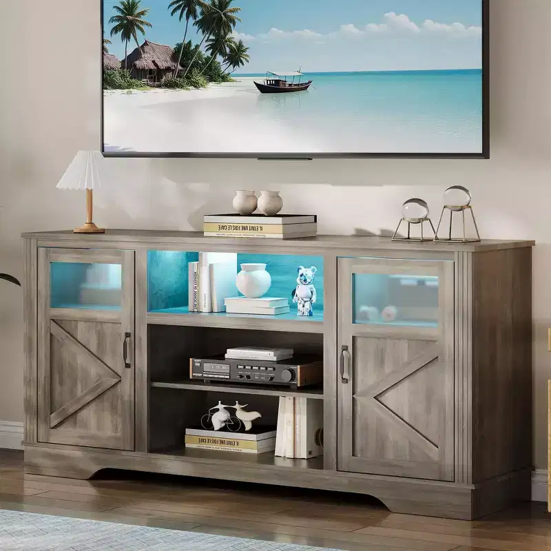 GustoWave Farmhouse TV Media Console Table for up to 65 Inch TV, 34.4 Tall TV Stand with Storage & LED Light