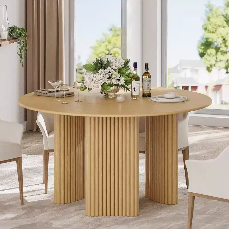 52 Modern Round Dining Table with Striped Column Legs Solid Wood Kitchen Table Anti-Scratch Footpads for Dining Room & Kitchen Bar in Natural