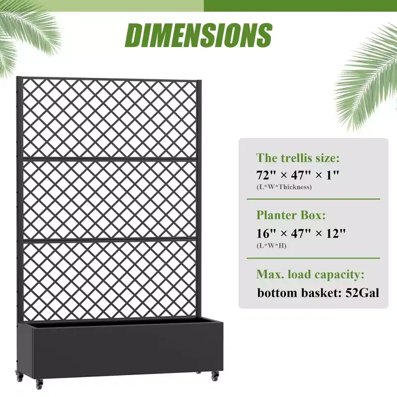 MAYEERTY Black Wrought Iron Planter with Trellis (Diamond), 72x47x16, 3-Piece Patio Garden Planter