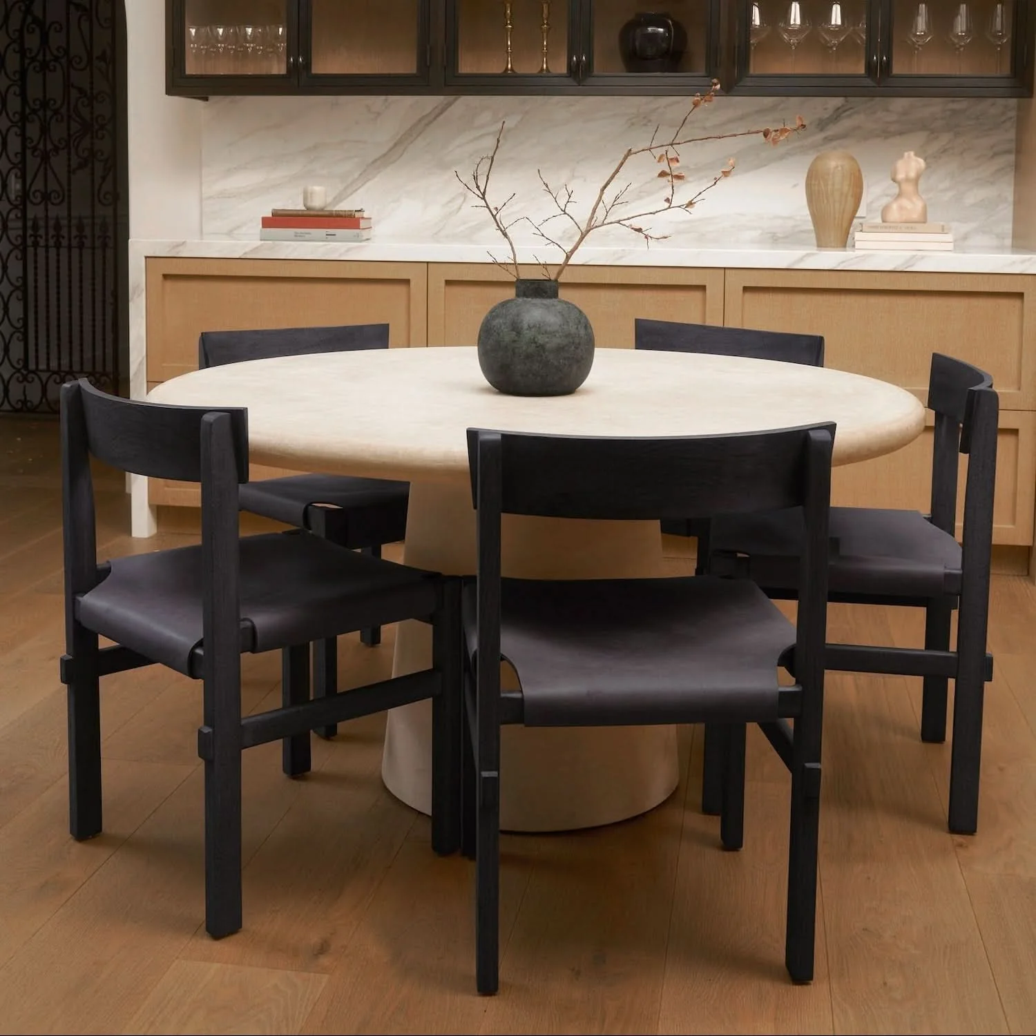 Dining Chair - Black - The thick leather, along with the handcrafted frame and a curved backrest, offer exceptional comfort and an eye-catching...