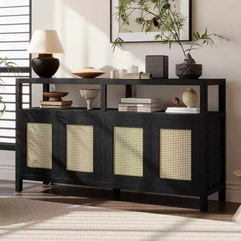 Bohemian Style Rattan Buffet Storage Cabinet with Solid Wood Frame