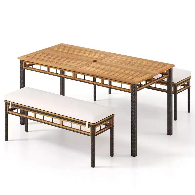 Costway 3 PCS Acacia Wood Patio Dining Set with 1.97 Umbrella Hole & Cushions for Garden Mix Brown