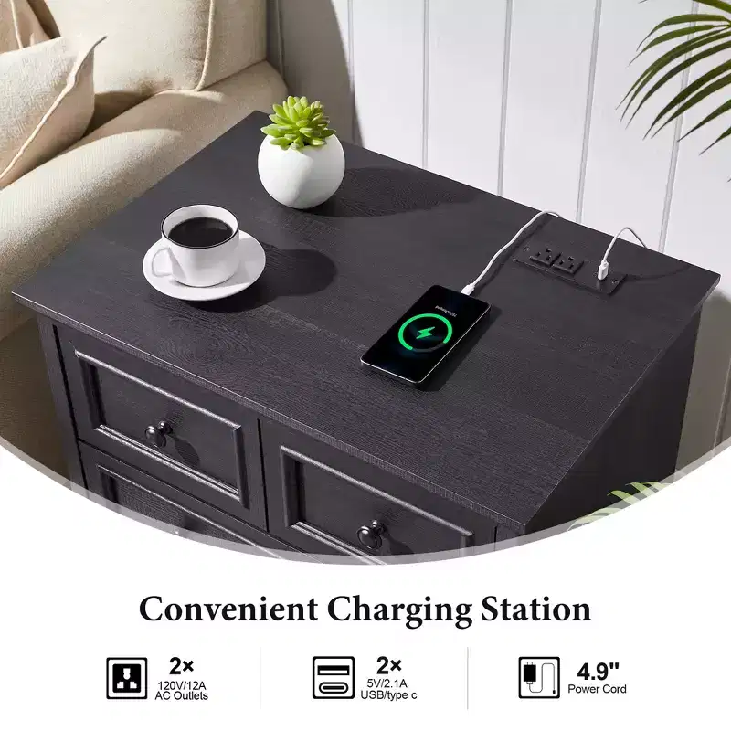 Night Stand with 4 Storage Drawers, 26 Wide Nightstand with Charging Station, Wooden End Tables for Bedroom, Living Room