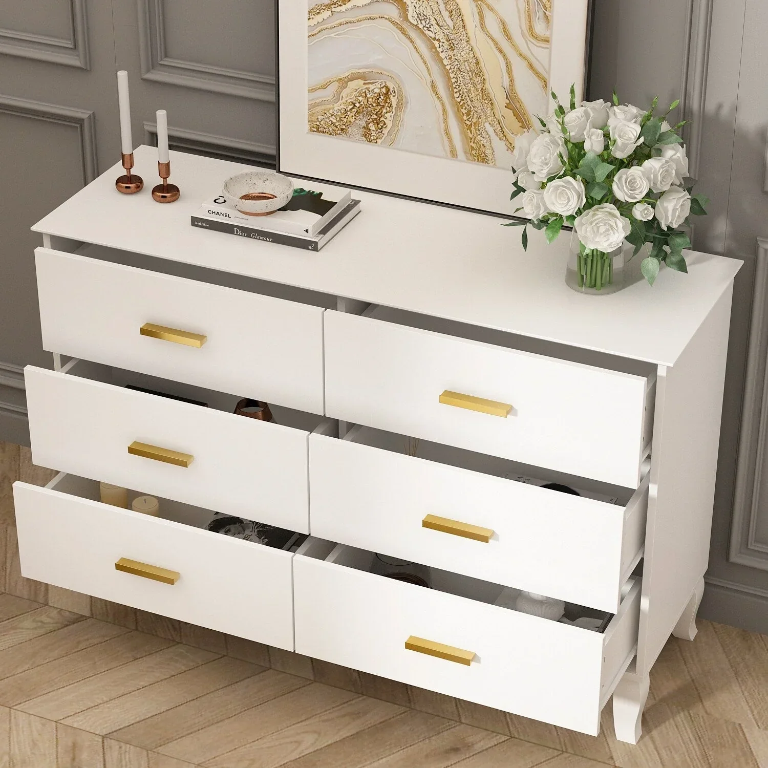 Timechee 6 Drawer 47.2W Double Dresser Solid Wood Legs Lacquer Chest