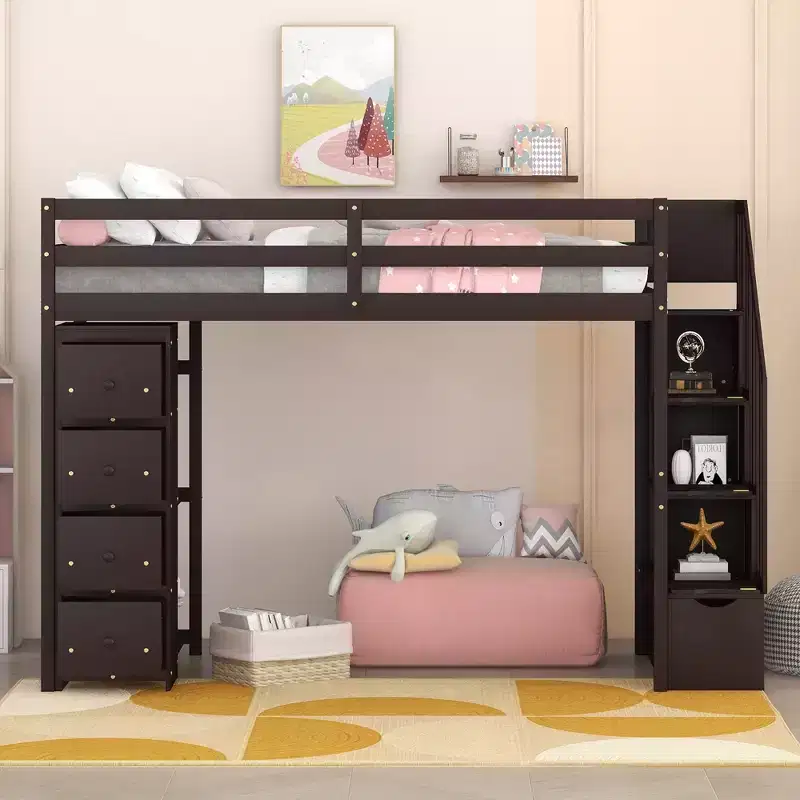Whisen Twin size Wooden Loft Bed with Storage Drawers and Stairs, Shelves