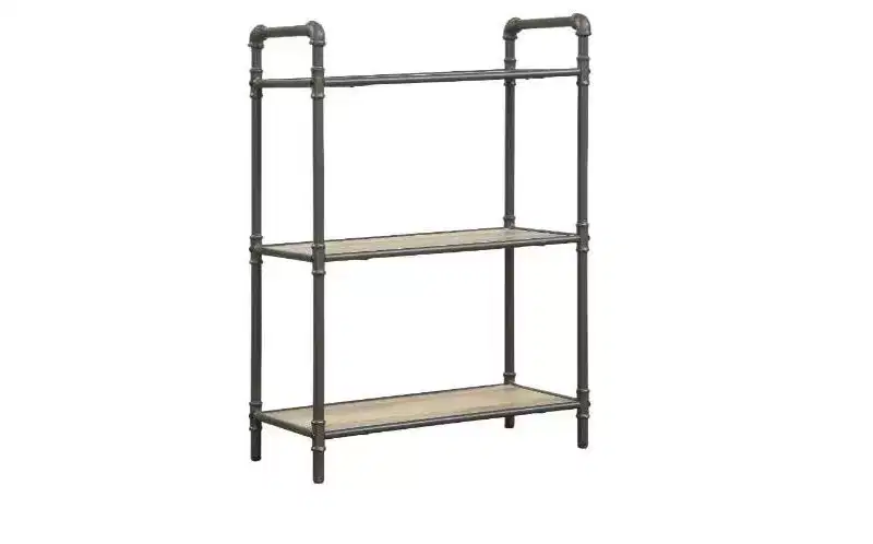 36 Antique Oak and Sandy Gray Metal Three Tier Standard Bookcase