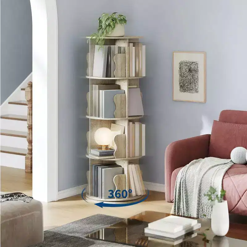 Coolmee 4 Tier Rotating Bookshelf Tower, Spinning Corner Bookshelf for Small Spaces, Revolving 360 Degree Bookcase Storage Rack Tower