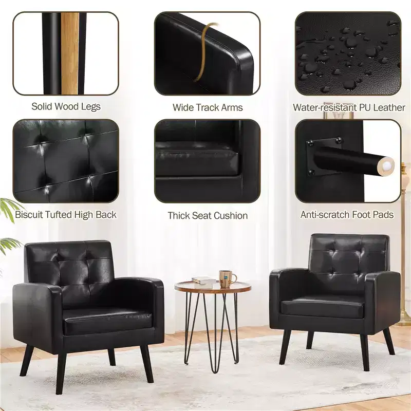 Yaheetech Set of 2 Faux Leather Tufted Back Arm Chair Accent Chair with Solid Wood Legs