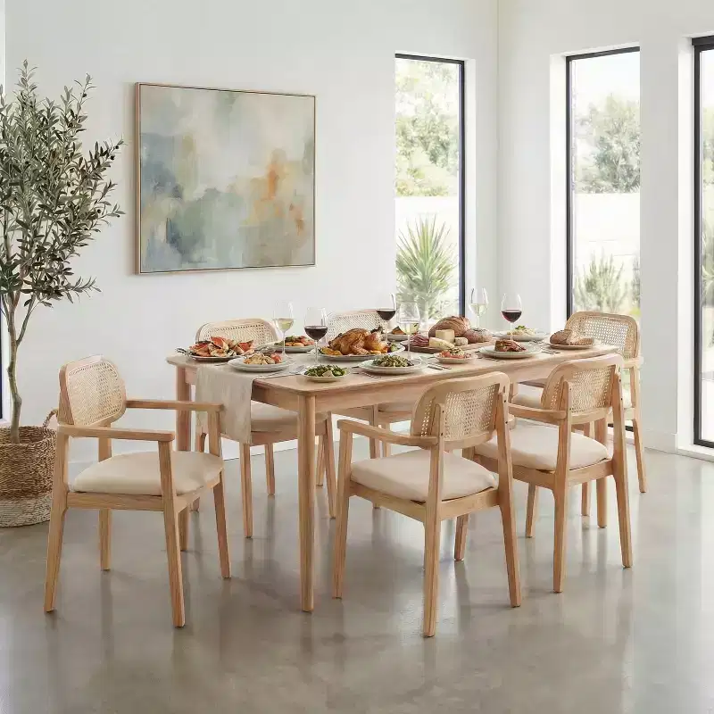 Christopher Knight Home Amaris Mid-Century Modern Wood Upholstered Dining Chair with Rattan-Weave Backrest (Set of 6)