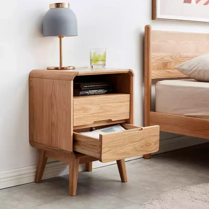 Modern Solid Oak Nightstand with 2 Drawers, Mid-Century Bedside Cabinet with Storage, Compact Wooden Nightstand for Bedroom-Panipeachy