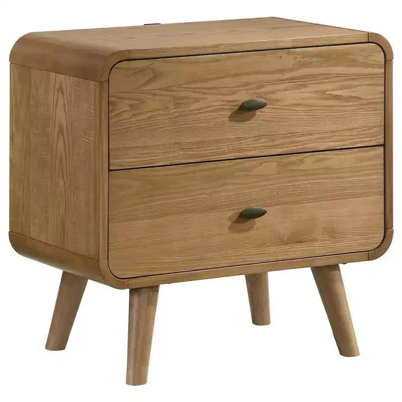 Robyn 2-Drawer Nightstand Bedside Table with USB Ports – Light Ash, Mid-Century Modern