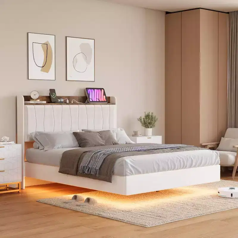 Floating Platform Bed with Headboard, LED Lights & Charging Ports