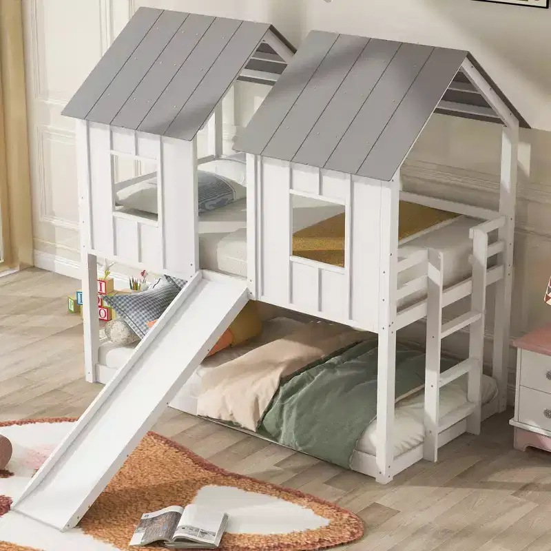 Whisen Twin over Twin House Bunk Bed with Slide and Windows - White