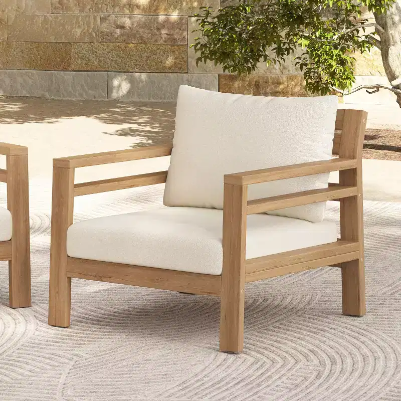 ModernLuxe Outdoor Acacia Wood Patio Chair, Farmhouse Armchair with Water-Resistant Cushions for Garden, Balcony, Backyard, Light Teak+Beige