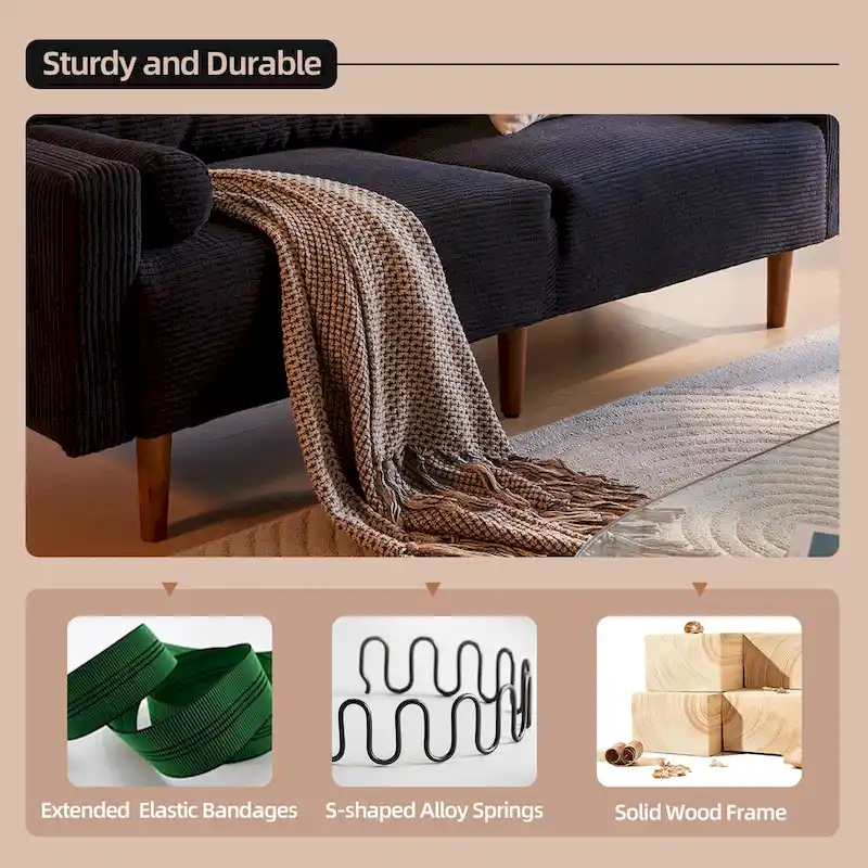 Mid-Century Modern Upholstered Sofa Couch with Rolled Pillows