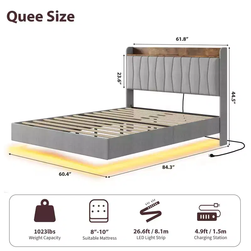 Modern floating platform bed frame, upholstered design, sturdy wooden slats, no spring mattress required, easy to assemble, beigeFull size.
