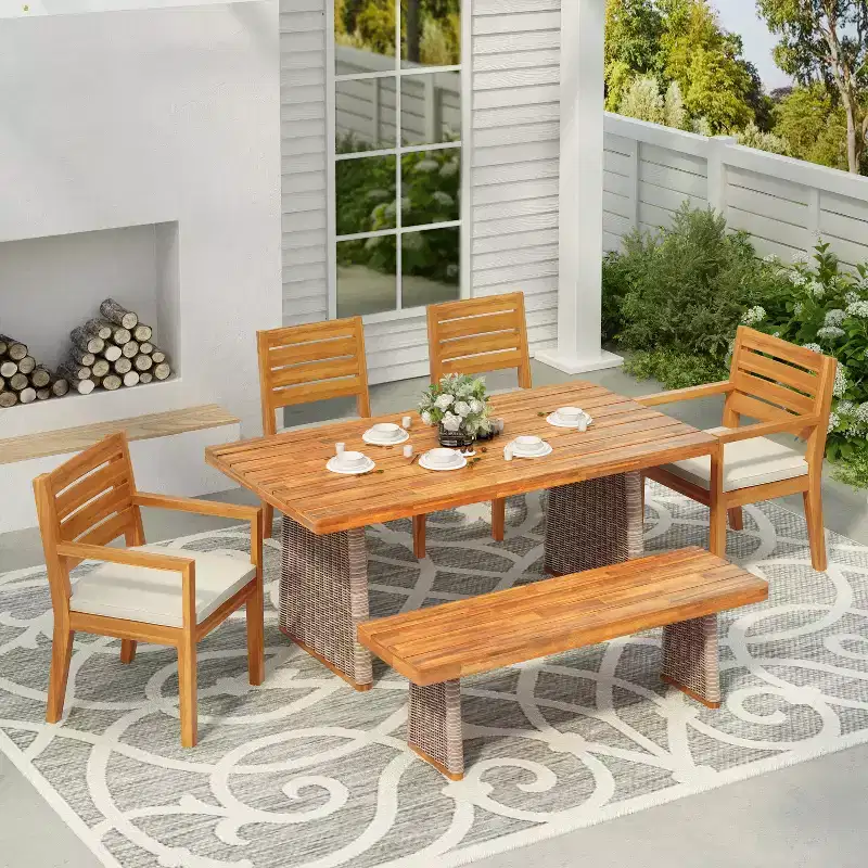 Christopher Knight Home Miranda Rustic 6 Piece Outdoor Rattan Acacia Wood Slatted Dining Set with Cushions