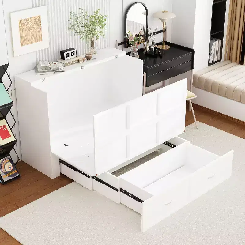 White Pull-Out Murphy Bed with Drawer & Charging Station – Full/Queen, 1–2 Person