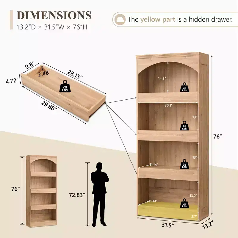 76 Arched Bookcase with Magnetic-Lock Bottom Drawer, Modern 4-Tier Wooden BookShelf with 3 Hidden Drawers for Home Office, Living Room