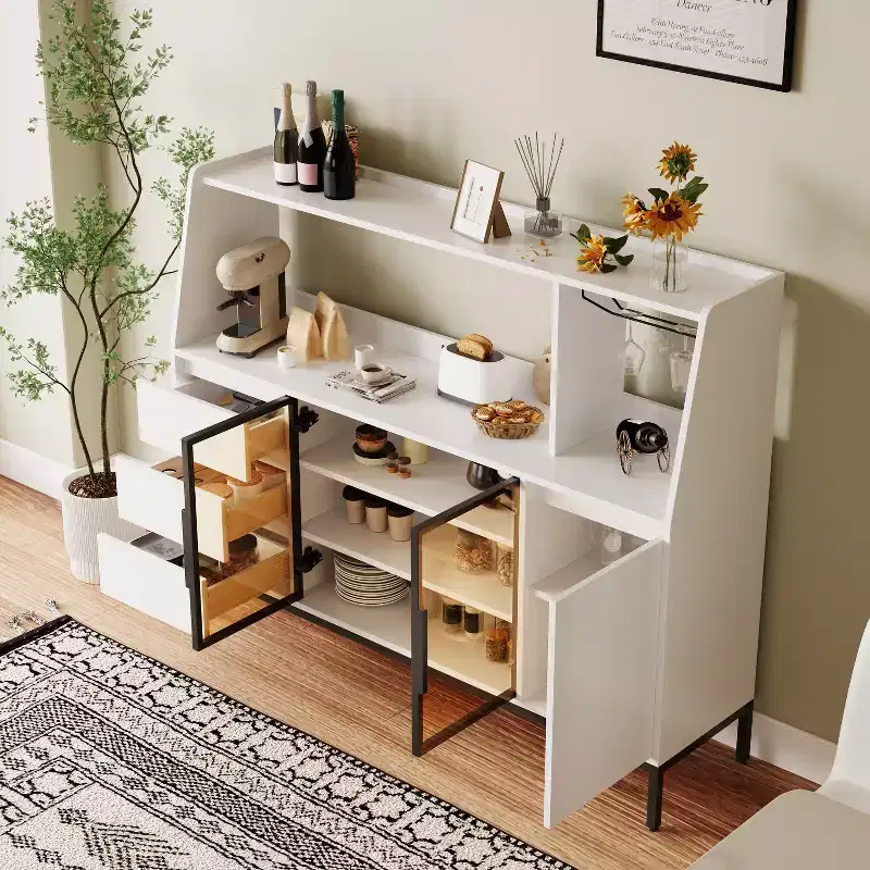 Modern Style Sideboard, Decorative Storage Cabinet with 3 Drawers and Glass Doors; the Sideboard Can Store Wine Glasses