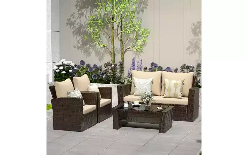 Heynemo 4 Piece Patio Furniture Sets, All-Weather Wicker Conversation Sets, Outdoor Rattan Sectional Sofa Chair with Coffee Table