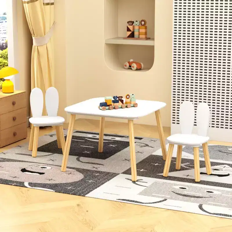 Kids Table and 2 Chairs Set, 3 Pieces Rabbit Themed Toddler Table and Chair Set, Children Wooden Activity Play Table Set Solid Wood Legs (White)