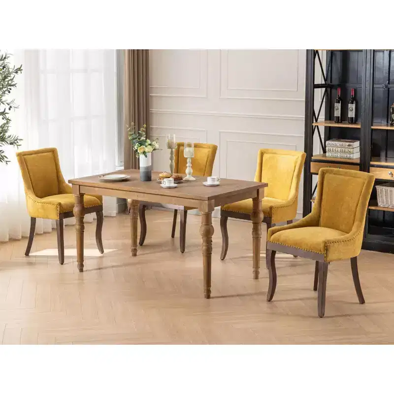 Okak Retro Dining Chairs Set of 2, Comfy Fabric Chairs with Thick Cushions, Kitchen Side Chairs with Solid Wood Legs Bronze Nail Head