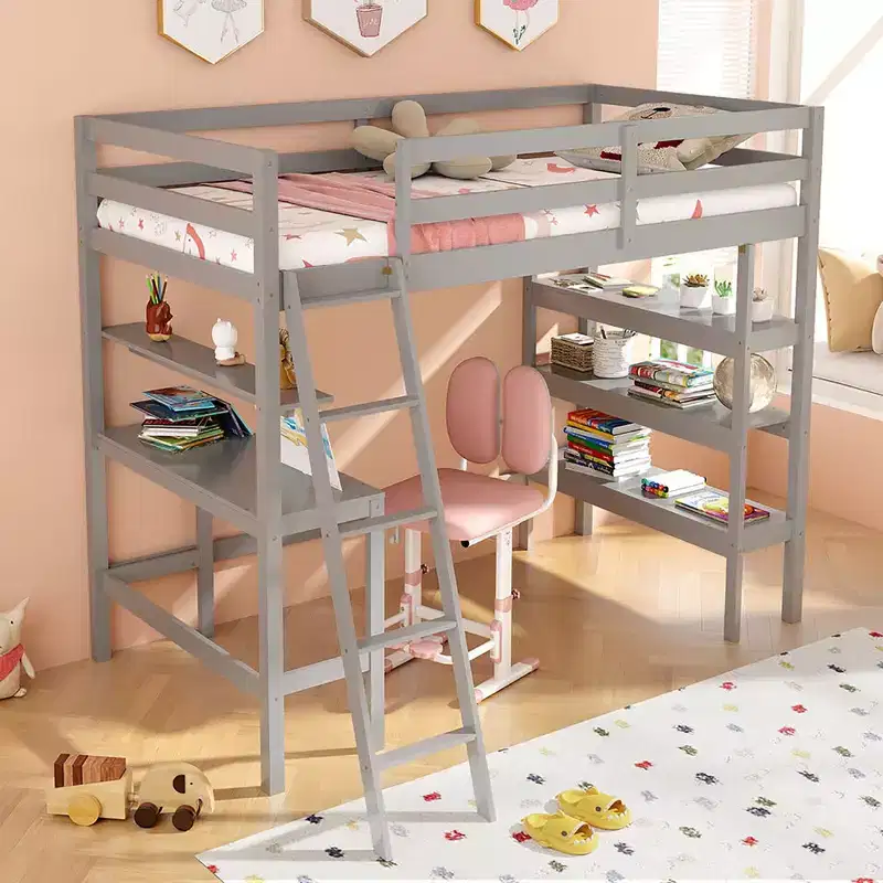 Twin Size Solid Wood Loft Bed w/ Desk & Bookshelves Ladder & Guardrails