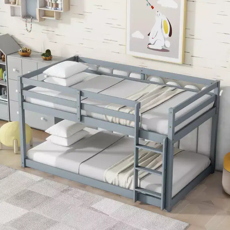 MATEERTY Solid Wooden, Twin Floor Bunk Bed wit Ladder, Upper and Bottom Bed Platforms Crafted with Stregthened Slats Gray
