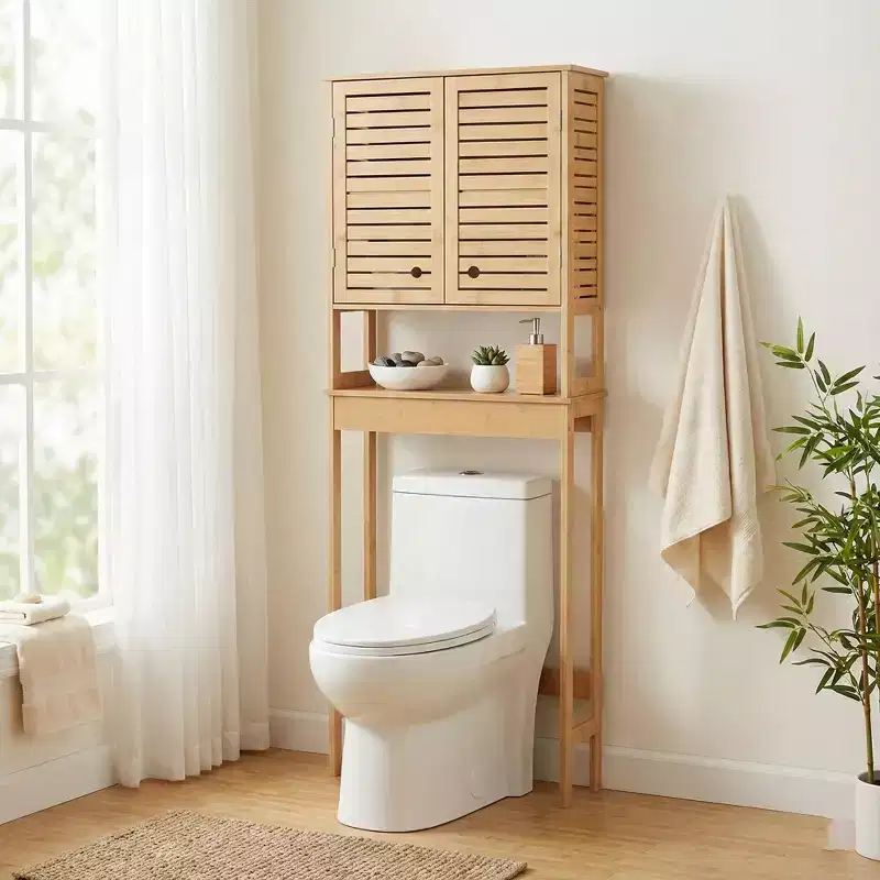 Evideco French Home Goods Over The Toilet Storage Cabinet with Double Vented Doors and Open Shelf, Natural - Trinidad Collection