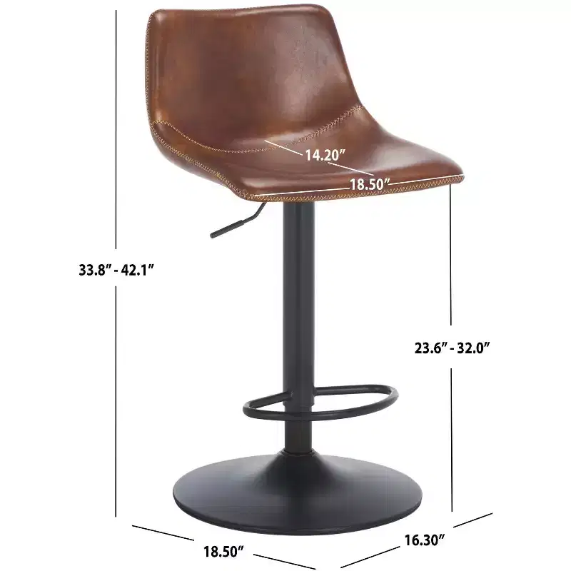 Adjustable Bar Stool, Iron Frame, PU Leather Seat, 360° Swivel, Footrest, 275LBS