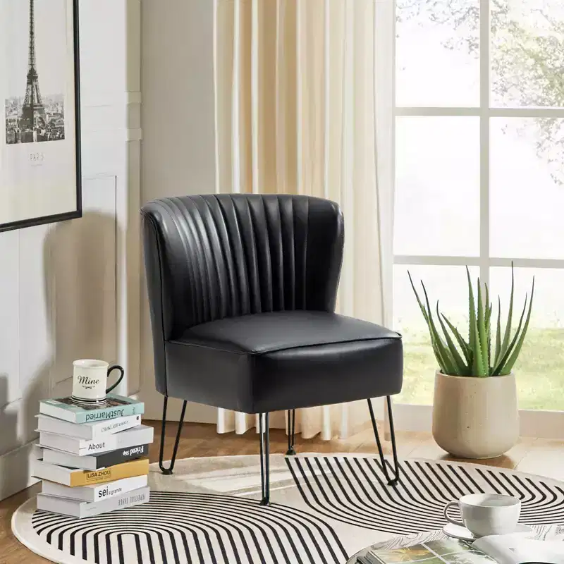 Contemporary Tufted Vegan Leather Accent Side Chair with U-Shaped Metal Legs