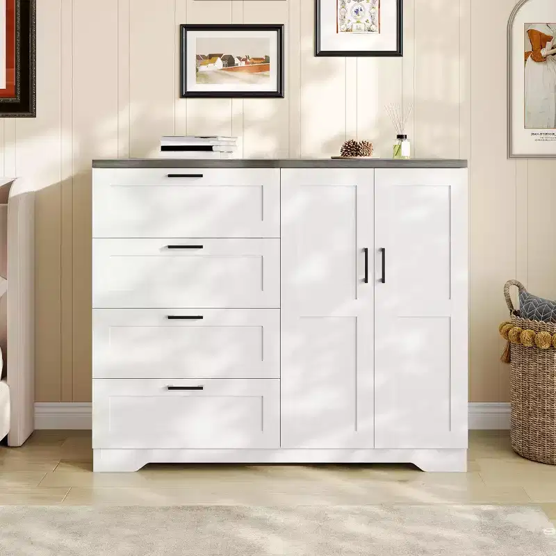 43.3'' H Multifunctional Wooden Dresser, 2 Door Wardrobe Armoire Closet with 4 Drawers and Hanging Rod, Wooden Dresser Cabinet for Bedroom
