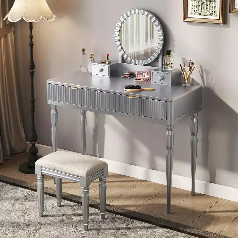 GDFStudio Cara Retro Vanity Desk with Height-Adjustable Round Mirror, Faux Leather Stool and 4 Drawers