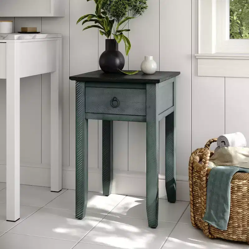 Farmhouse Distressed Solid Pine End Table with Drawer