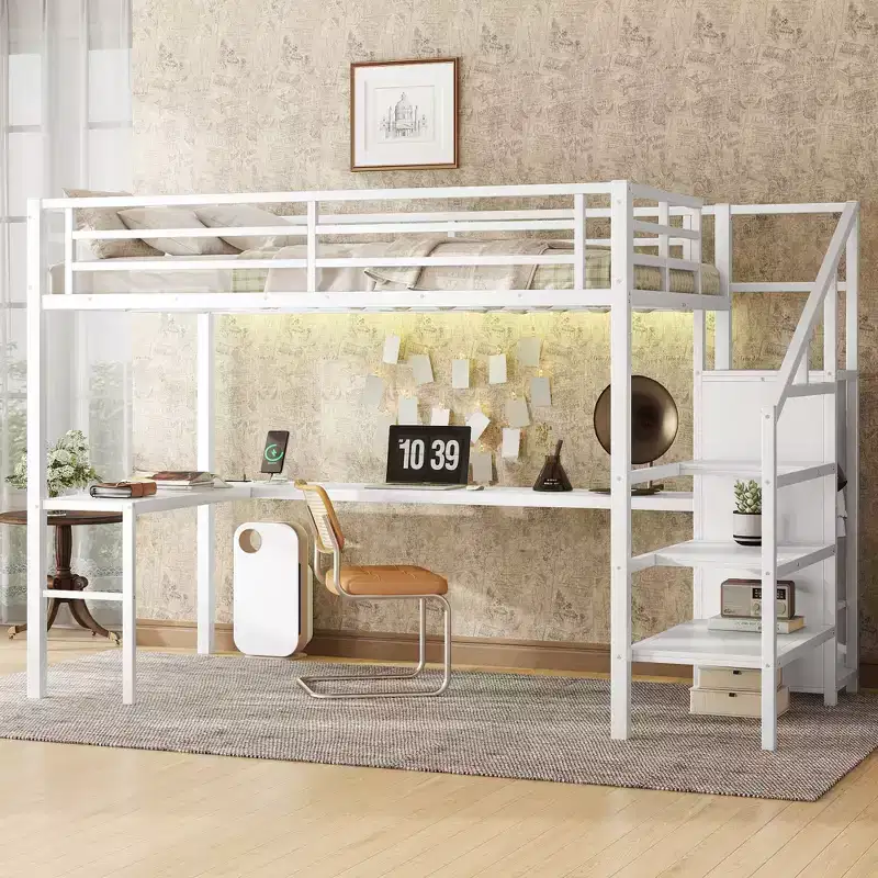 Full Size Loft Bed with L-shaped Desk and USB Metal Loft Bed with Wardrobe and Adjustable Shelf White