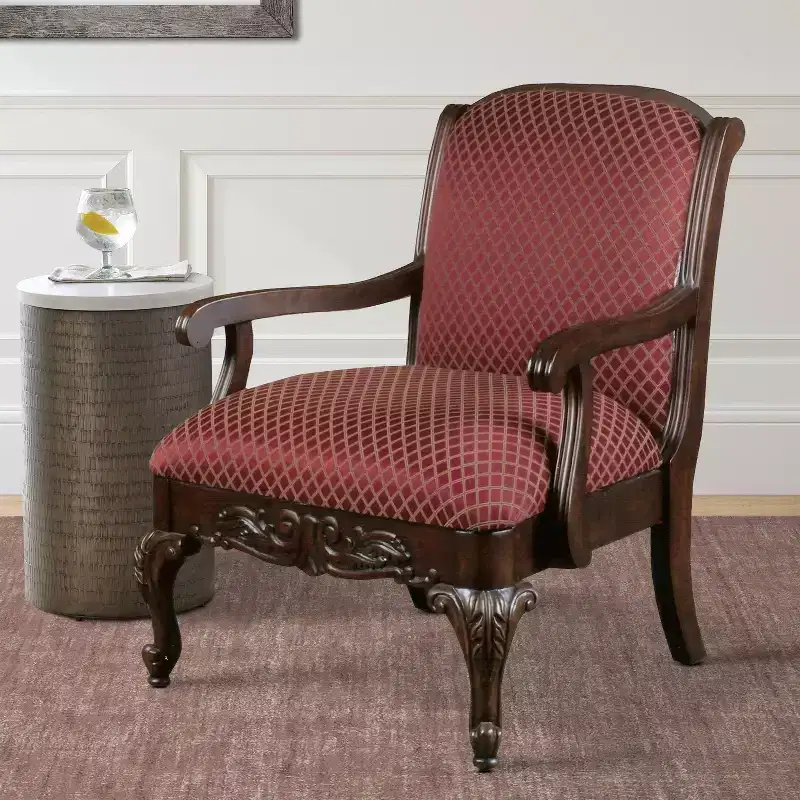 Comfort Pointe Safari Arm Chair Magenta: Solid Hardwood, Ornate Hand Carvings, Plush Jacquard Upholstery