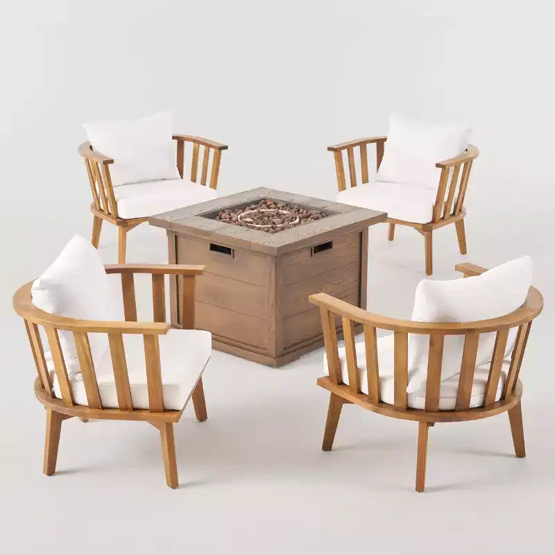 Walson 5pc Acacia Wood Club Chairs and Fire Pit Set Teak and Brown - Christopher Knight Home: Outdoor Patio Furniture Set with Cushions