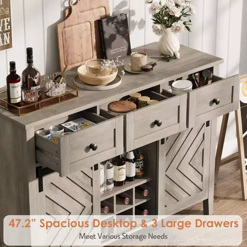 Farmhouse Coffee Station Cabinet with Sliding Barn Door, Sideboard Buffet with Wine Rack and 3 Drawers