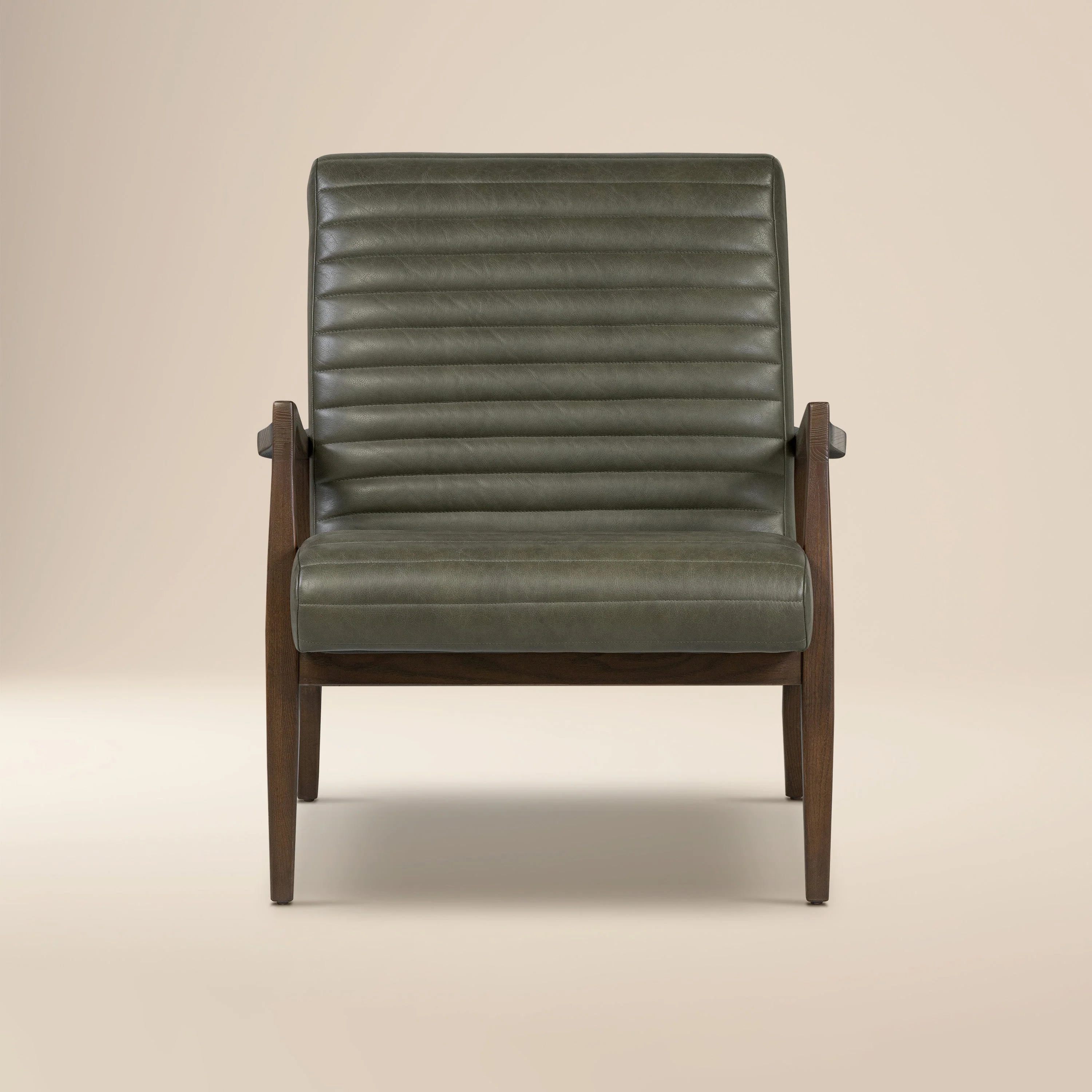 Mid-Century Modern Olivine Green Leather Lounge Chair with Kiln-Dried