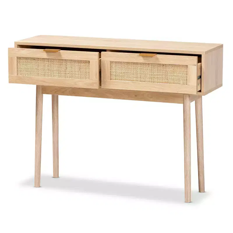 Wood and Rattan 2 Drawer Console Table Brown - Gold Tone Handles, Bohemian Style