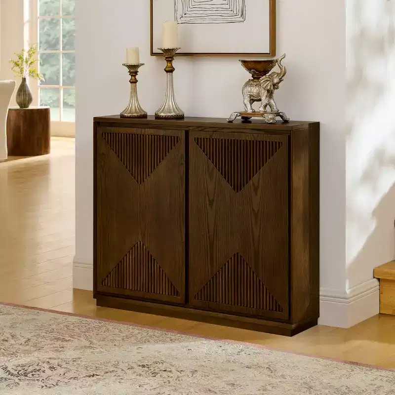 Mid-Century Modern V-Shape Storage Cabinet, Narrow Buffet Sideboard with Outlet Holes, Fluted Doors & Solid Wood Base for Living Room